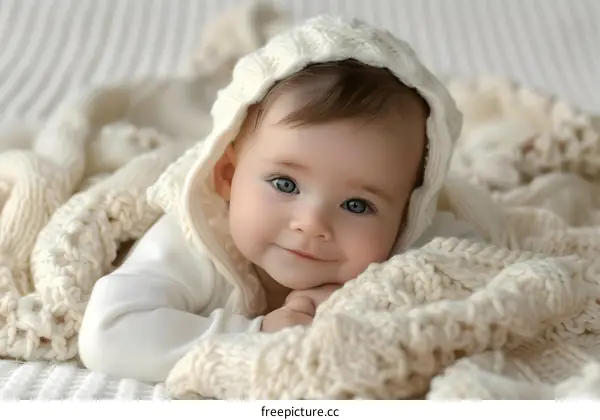 Cute Baby Girl with Blue Eyes Wearing Knitted Hat and Blanket