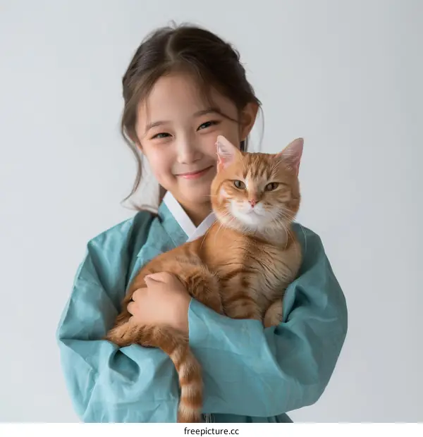 Little Asian girl in traditional dress holding an orange cat
