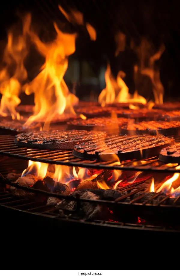 Beef patties cooking on a flaming grill