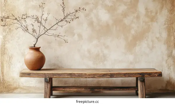 Rustic Wooden Bench with Terracotta Vase