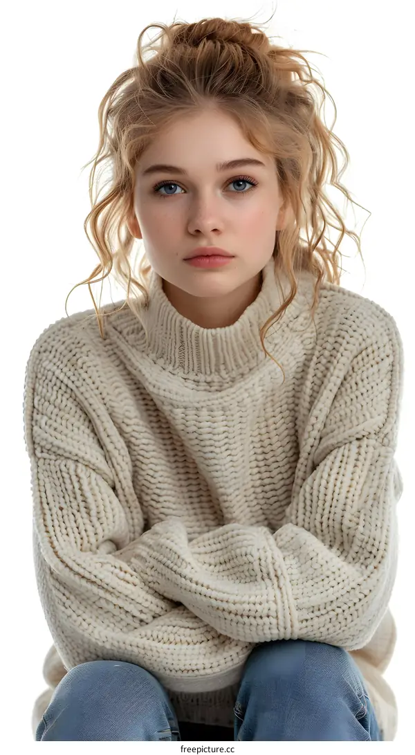 Young Woman with Curly Hair Wearing a Knit Sweater and Jeans