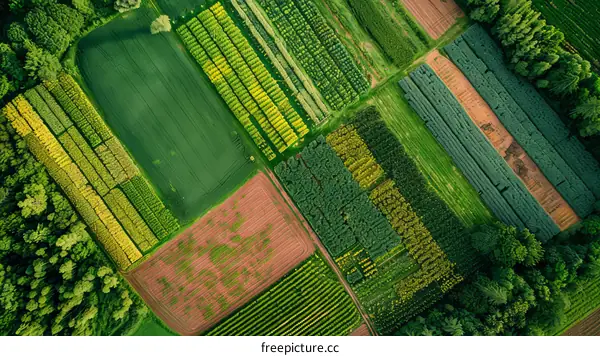An aerial view of a patchwork of colorful farm fields with a forest nearby