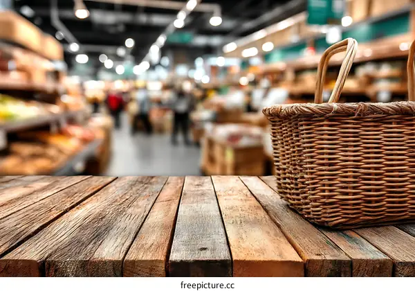 Wooden Tabletop with a Shopping Basket in a Supermarket