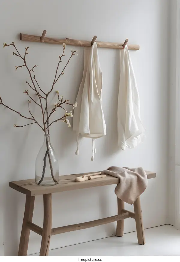 Wooden Bench and Coat Rack with White Towels