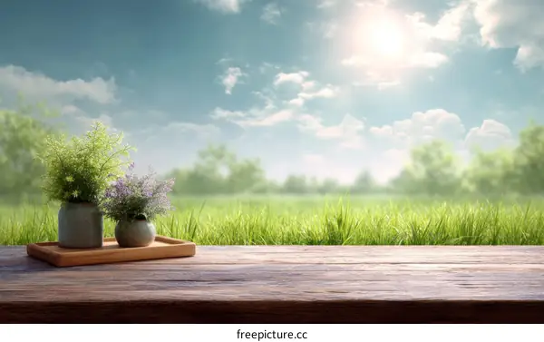 Peaceful Springtime Countryside Scene on Wooden Table