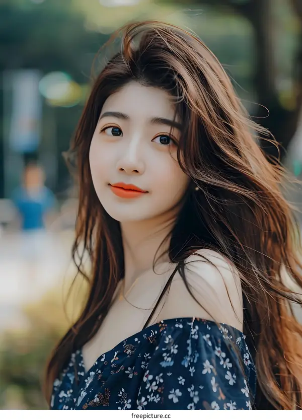 Portrait of a Young Woman with Long Brown Hair Smiling and Looking at the Camera