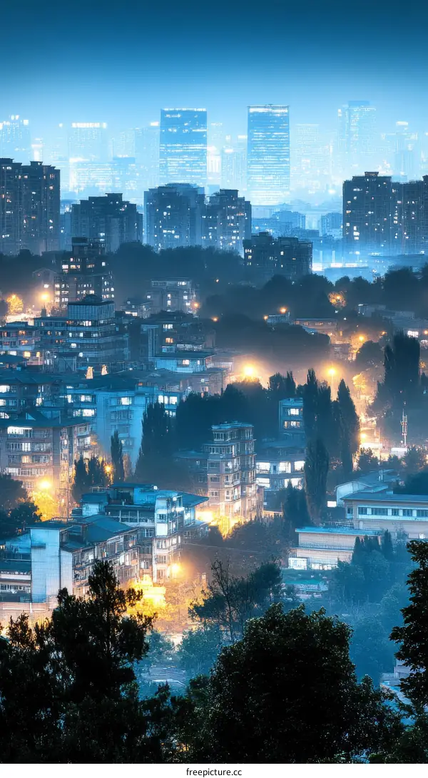 Night Cityscape Skyline with Illuminated Buildings