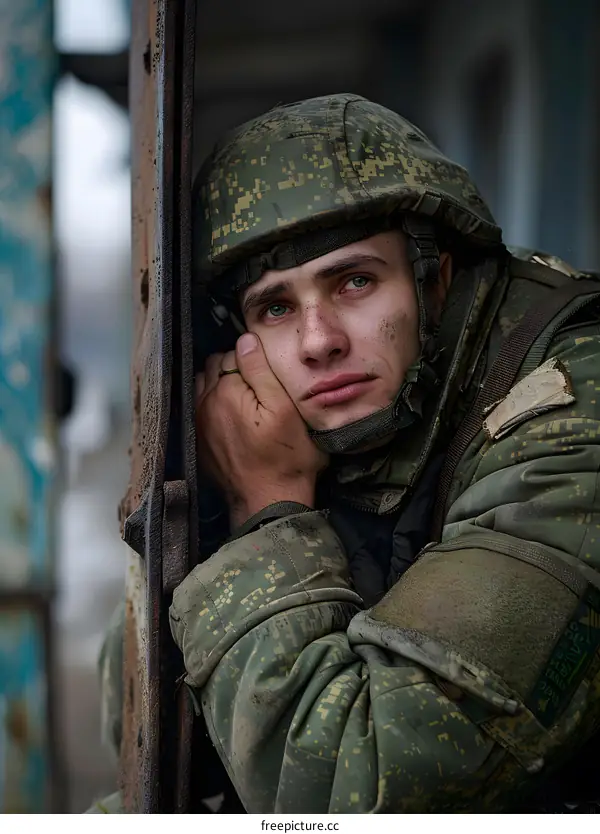 A soldier wearing a camouflage helmet and uniform leans against a wall