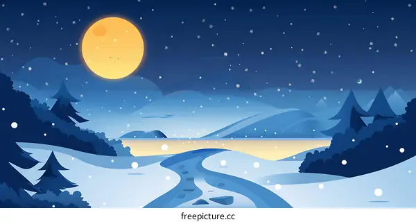 Snowy Winter Night Landscape with Full Moon