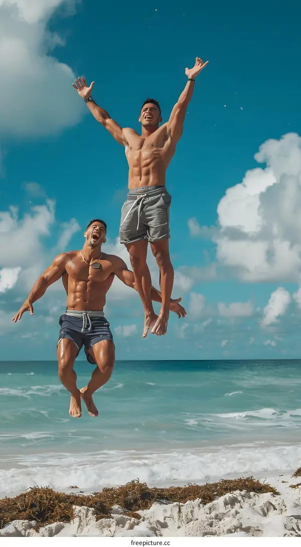Two men jumping on the beach