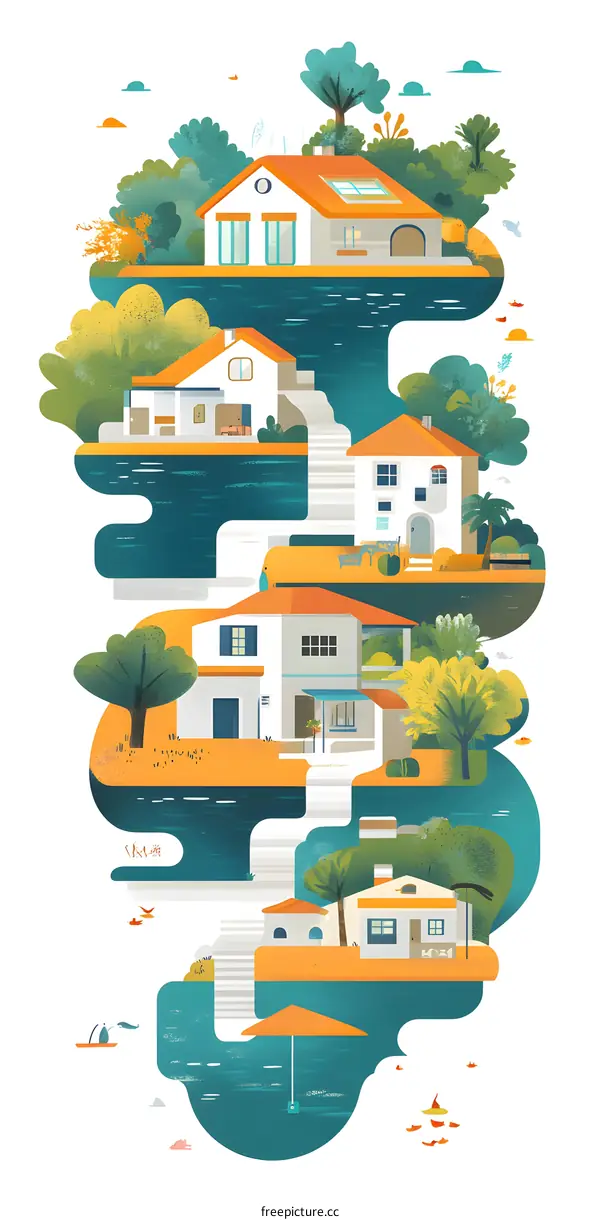 Illustration of Five Houses on a Hillside by the Water