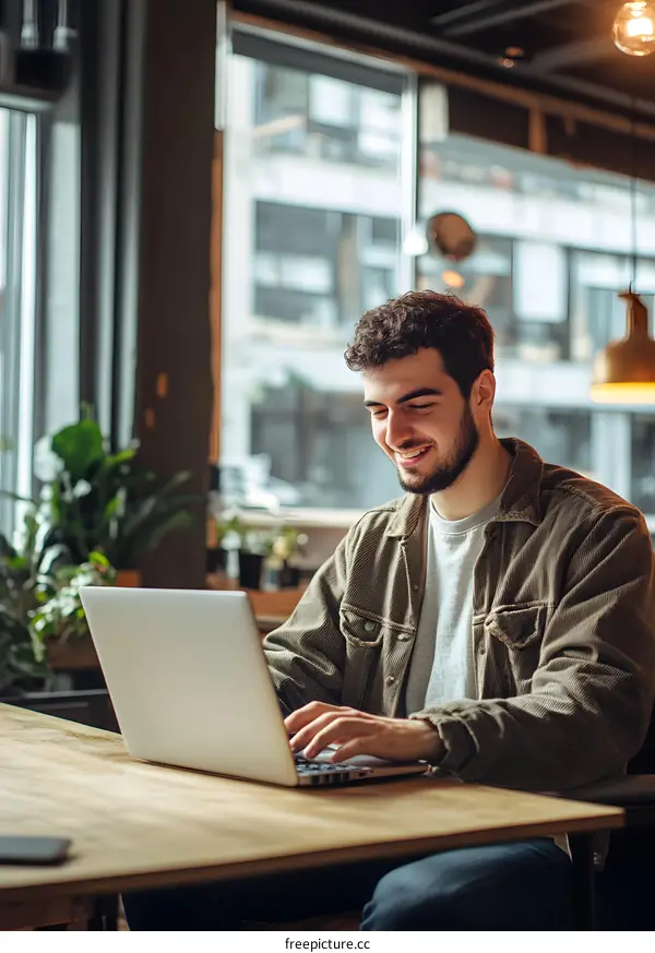 Smiling Man Working on Laptop in Cafe