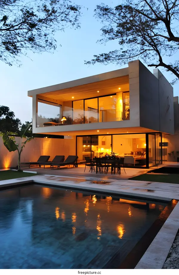 Modern House with Swimming Pool at Night