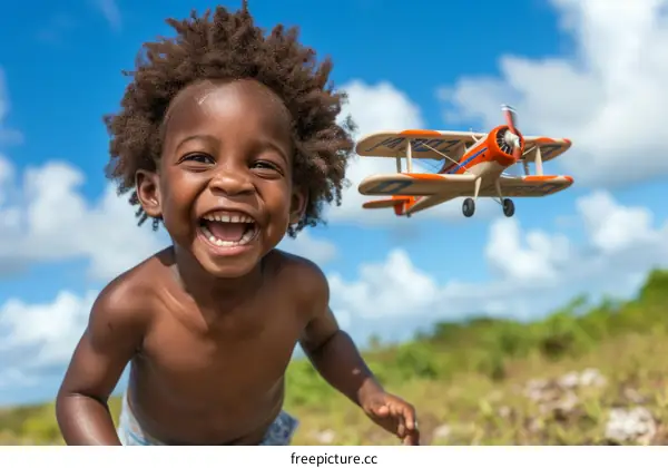 Ecstatic African toddler running with toy airplane in hand