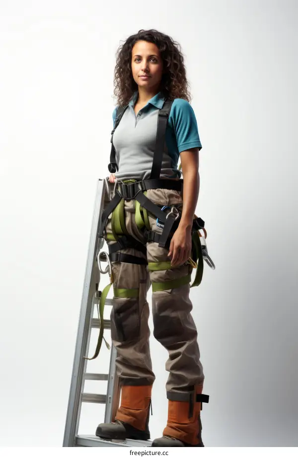 A woman wearing a safety harness and standing on a ladder