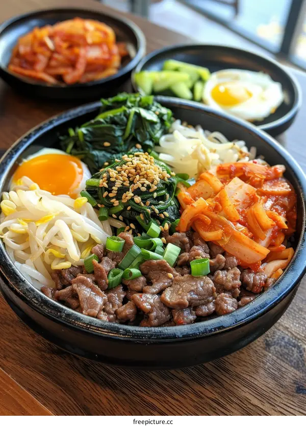 Korean food dolsot bibimbap with beef, kimchi, spinach and egg