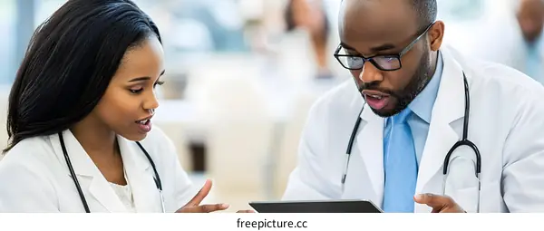 Two Doctors Discussing a Patient on a Tablet
