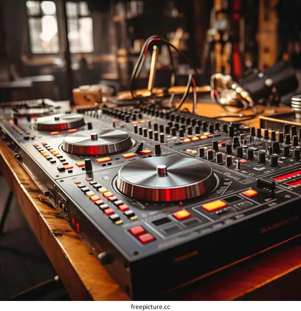 Professional DJ Mixer Setup with Turntable