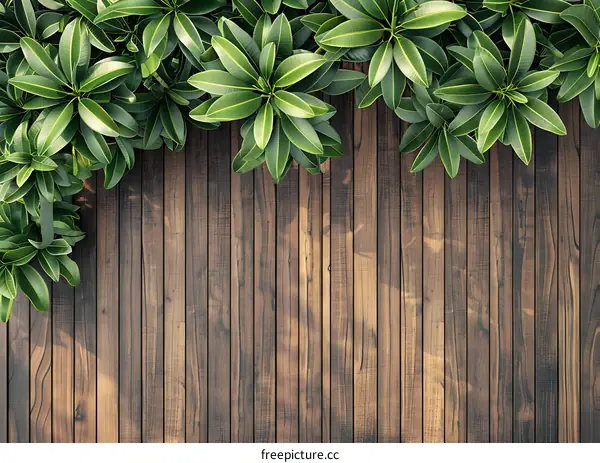 Green Leaves Over Wooden Plank Background