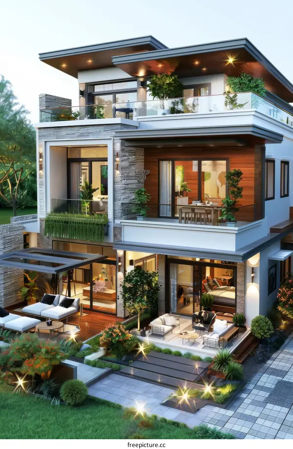 Modern Multi-story House Design with Lush Landscaping
