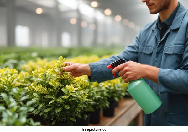 Gardener spraying plants in greenhouse