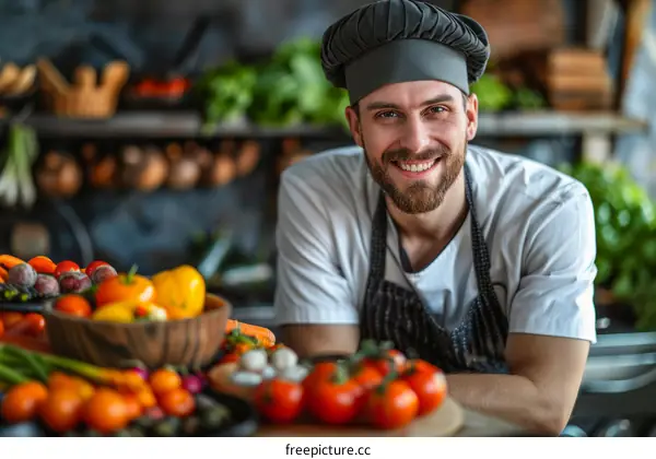 Portrait of a Smiling Chef in a Commercial Kitchen