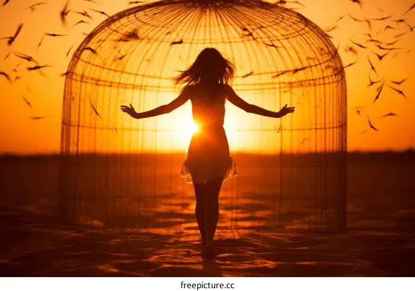 The girl released the birds from the cage and they flew away