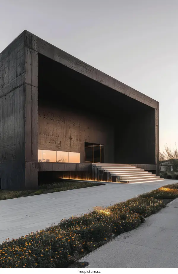 Dark Monolithic Minimalist Concrete Building Exterior with Entrance