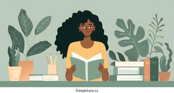 Woman Reading Book in a Cozy Room with Plants