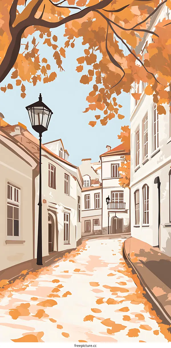 Autumn Street with Golden Leaves and Lamppost