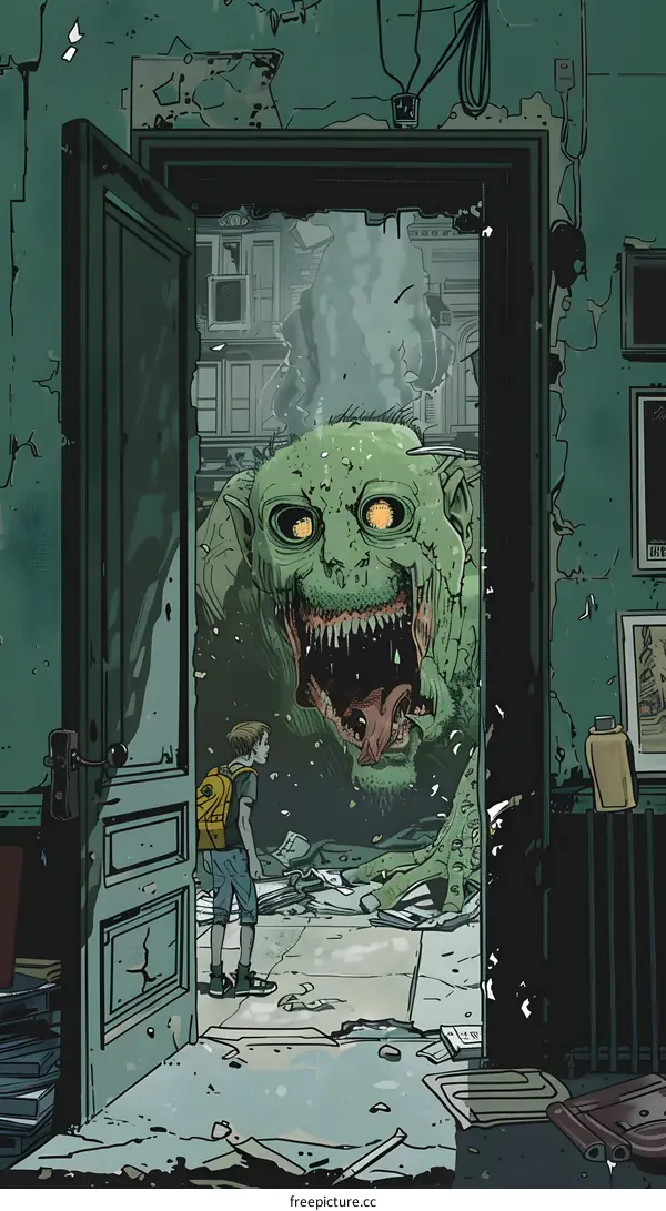 Boy Looking at Monster Through Open Door