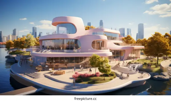 Futuristic Pink Floating Building with People in the City