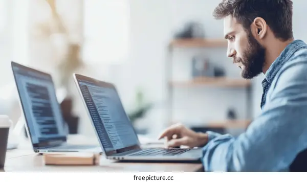 Focused Caucasian Male Working on Laptops in Office
