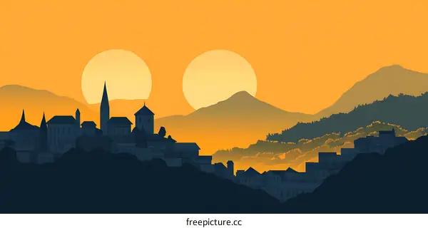 Sunset over a Town in the Mountains