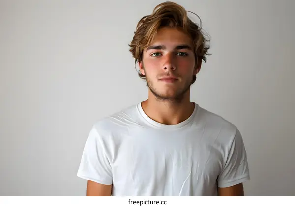 Portrait of a young man with blond hair and blue eyes
