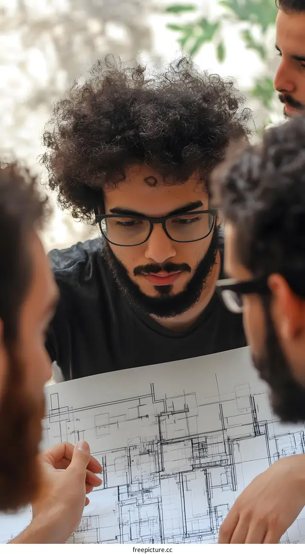 Three Men Discussing Blueprint Architectural Plan