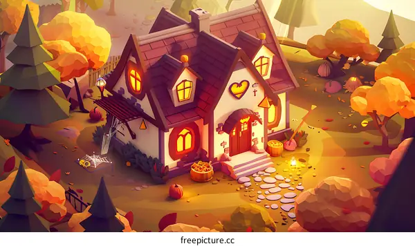 Low Poly Style Autumn House Illustration