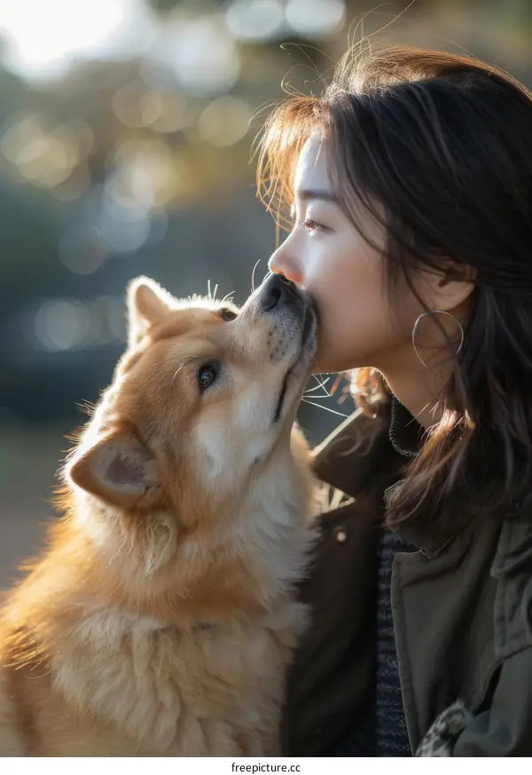 An Asian woman and a dog are kissing each other.