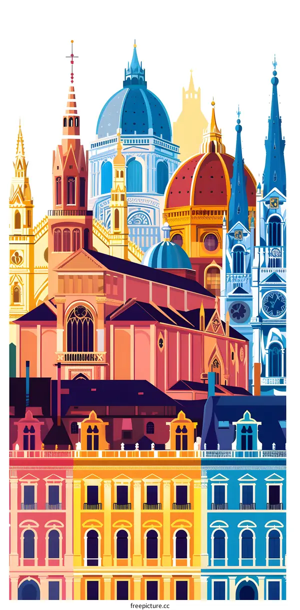 Colorful Illustration of European Cityscape with Multiple Buildings