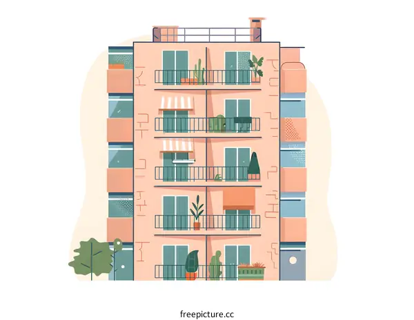 Modern Apartment Building With Balconies And Plants Illustration