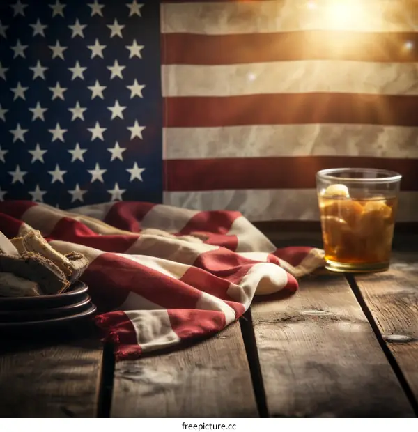 An American Flag with a Glass of Whiskey and Bread