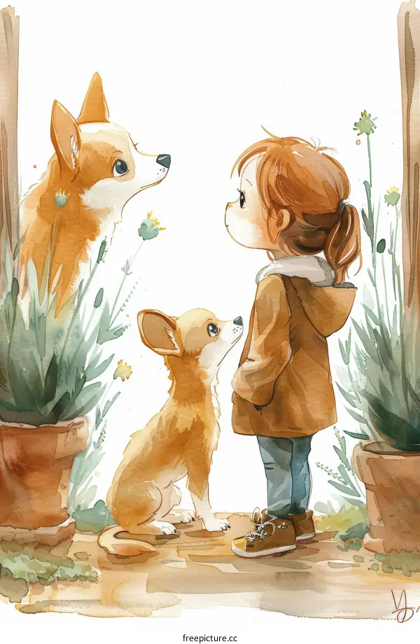 Little Girl with Two Dogs