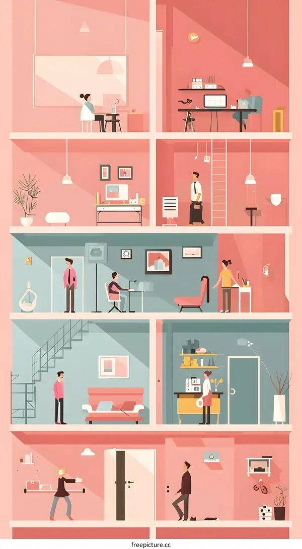 Office Building Interior Design Illustration With People