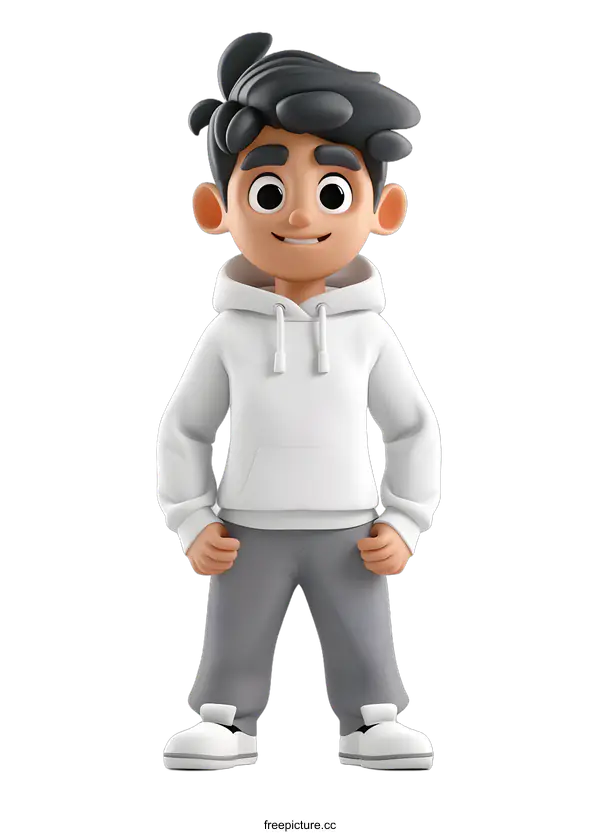 [Transparent Background PNG]Smiling Cartoon Boy in White Hoodie and Grey Pants