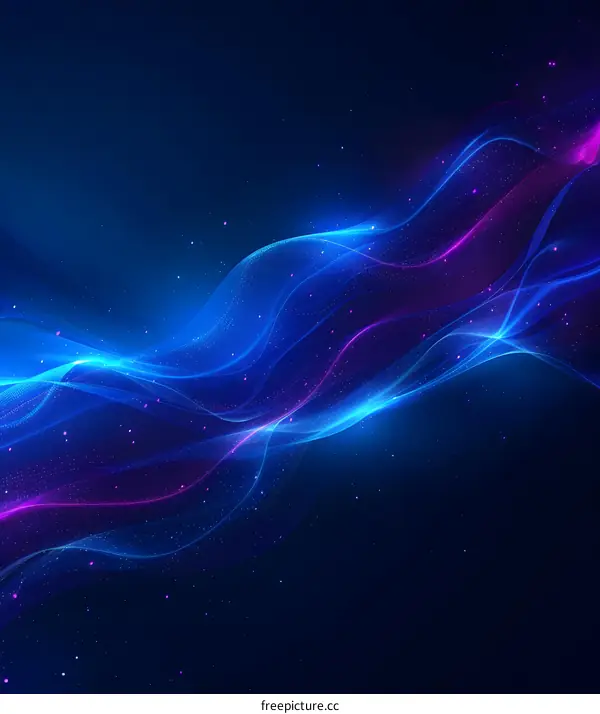 Blue and purple flowing light waves with shiny particles on a dark background