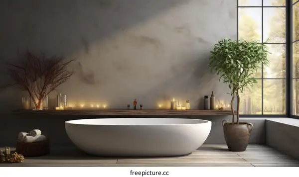 Spacious Bathroom with a Tree and Natural Light