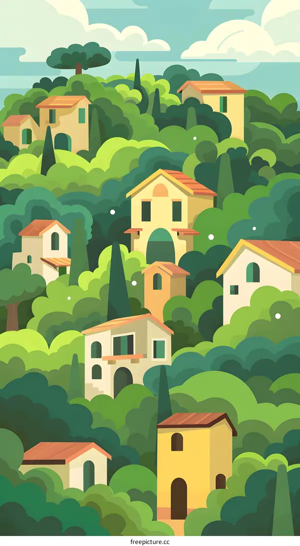 Illustration of Village Houses Surrounded by Green Trees