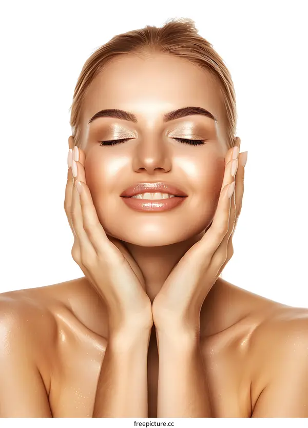 portrait of a beautiful blonde woman with wet skin and closed eyes