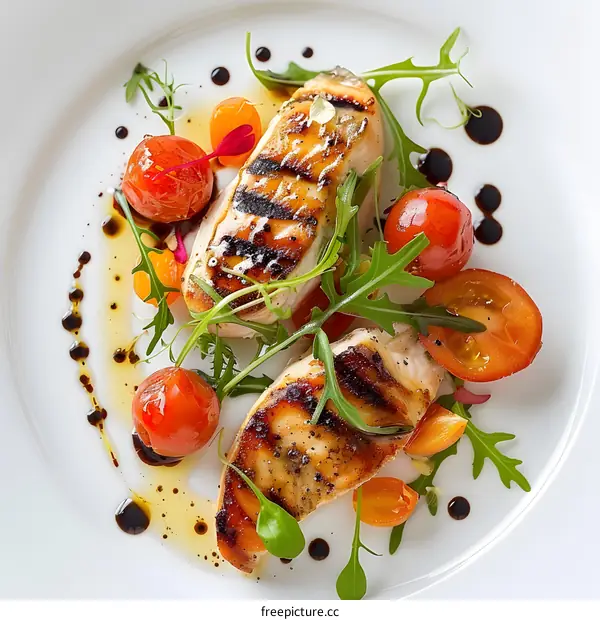Grilled chicken breast with tomatoes and arugula