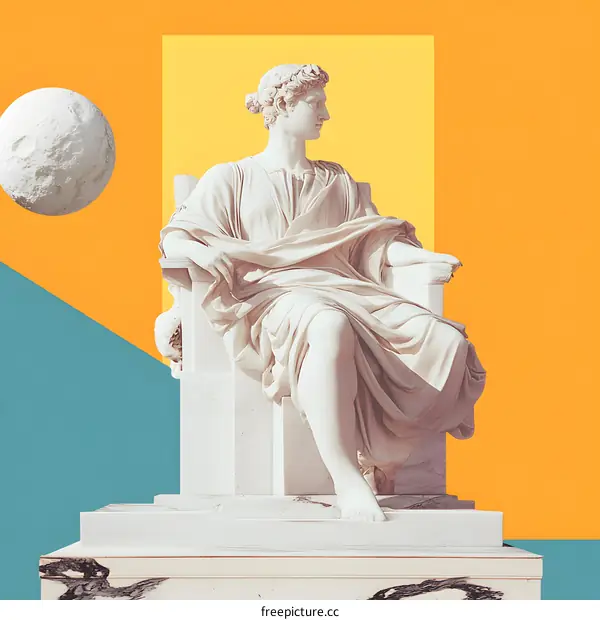 White Marble Statue with a Round Sphere in a Colorful Background